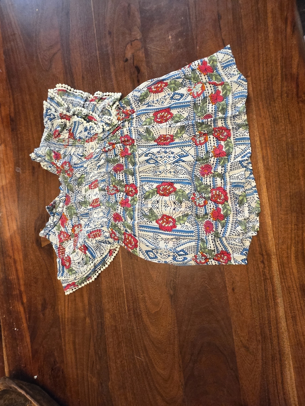THML White Floral Off-Shoulder Blouse with Blue and Red Print